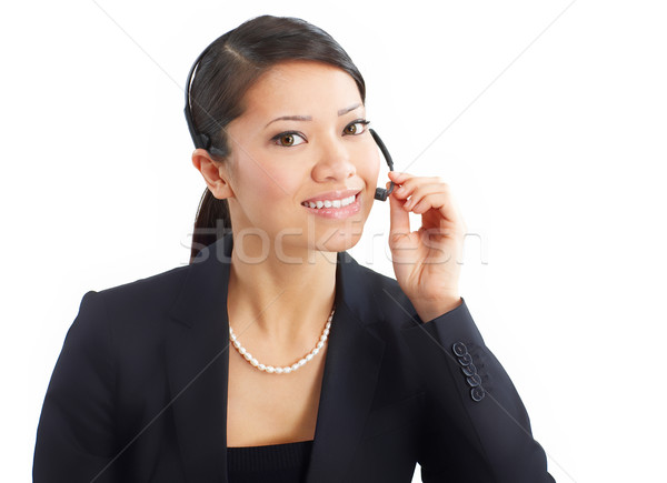 Call center operator frumos setul cu cască alb zâmbet Imagine de stoc © Kurhan