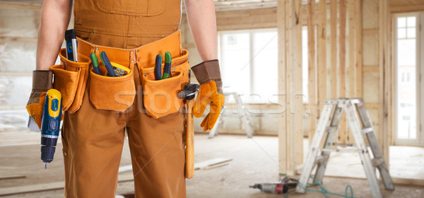 Foto stock: Trabajador · de · la · construcción · perforación · profesional · manos · herramienta · cinturón