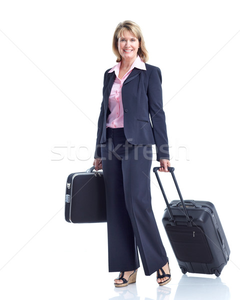 Foto stock: Mujer · de · negocios · sonriendo · maleta · aislado · blanco · negocios