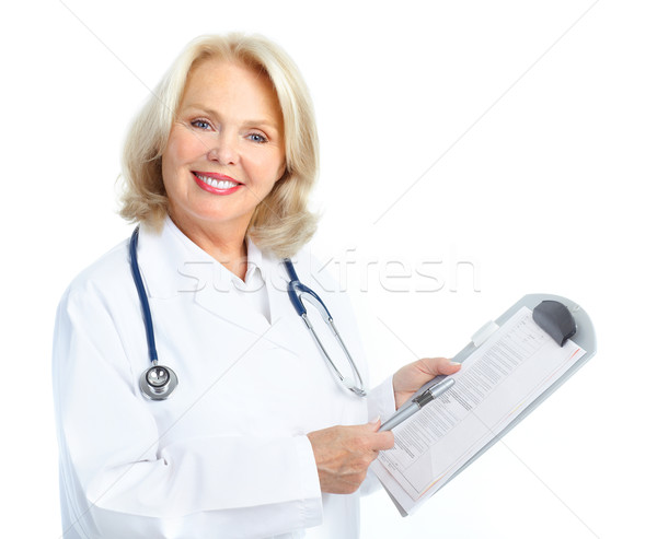 Foto stock: Médico · sonriendo · médicos · mujer · estetoscopio · aislado