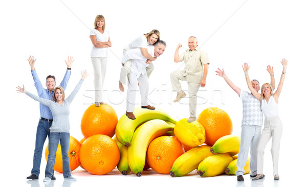 Foto stock: Feliz · a · la · gente · grupo · frutas · blanco · familia · hombre