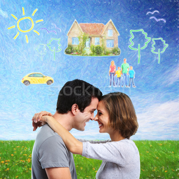 Foto stock: Casal · pensando · nova · casa · carro · hipoteca · casa