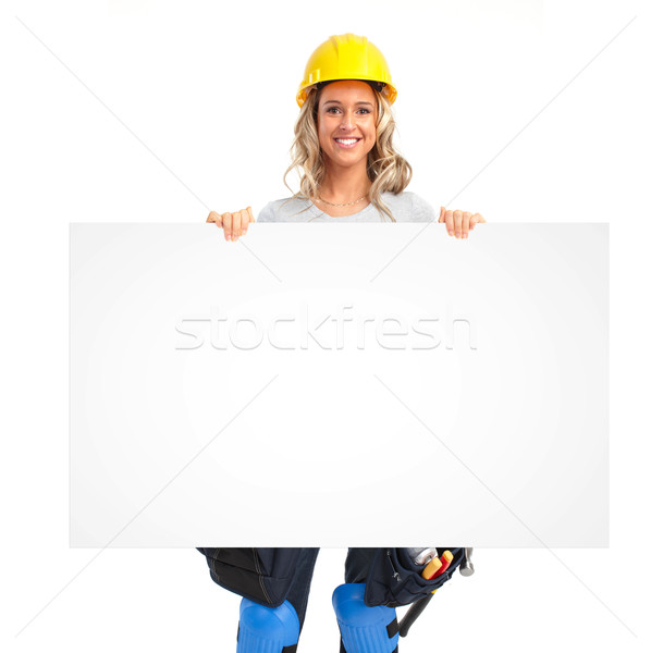 Budowniczy kobieta młodych plakat odizolowany biały Zdjęcia stock © Kurhan