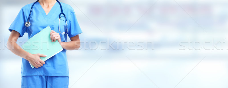 Foto stock: Enfermeira · mãos · médico · azul · mulher · médico