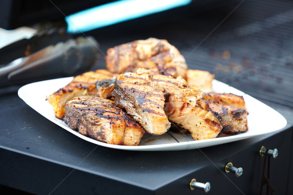 [[stock_photo]]: Saumon · poissons · barbecue · cuisson · alimentaire · été