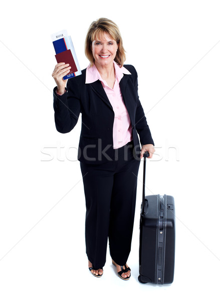 Foto stock: Sonriendo · mujer · de · negocios · maleta · aislado · blanco · negocios