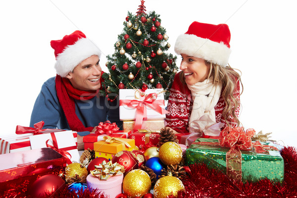 Boldog pár karácsony ajándék izolált fehér Stock fotó © Kurhan