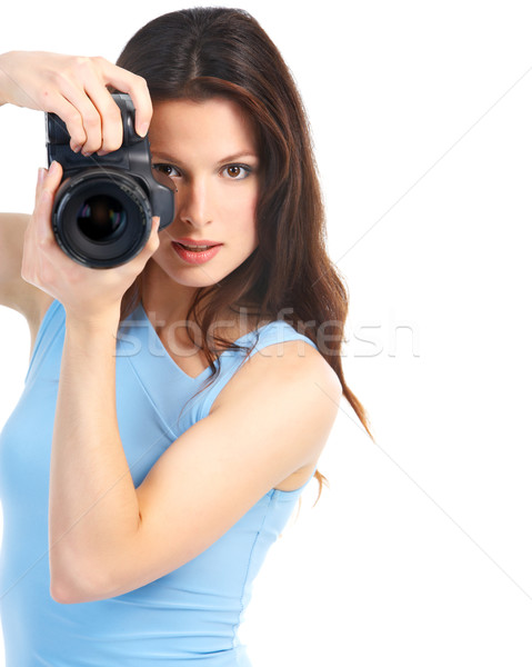 Stockfoto: Vrouw · jonge · vrouw · foto · camera · geïsoleerd · witte
