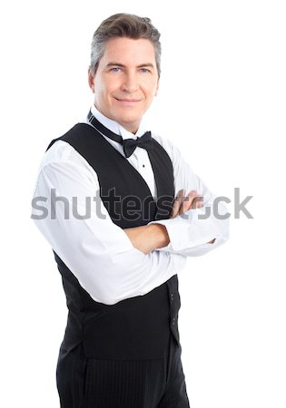 Foto stock: Camarero · hombre · jóvenes · sonriendo · aislado · blanco