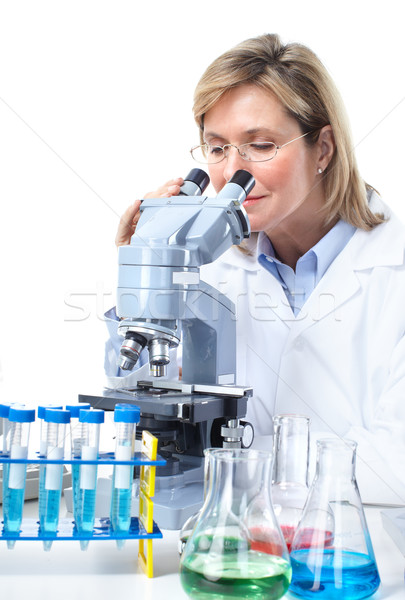 Сток-фото: лаборатория · женщину · рабочих · микроскоп · изолированный · белый