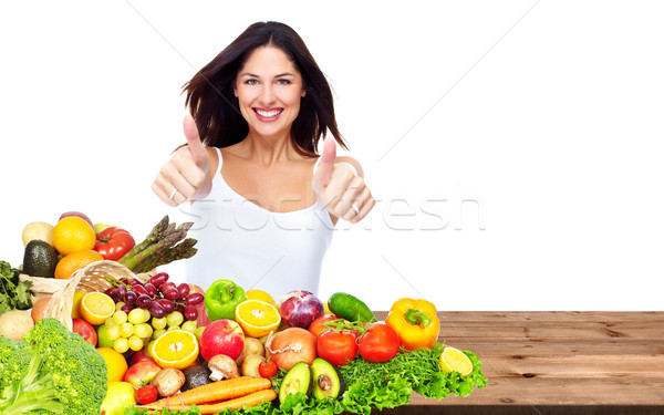 Foto stock: Feliz · saudável · mulher · mulher · jovem · tabela · frutas