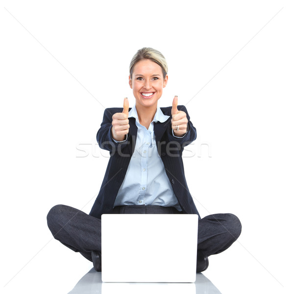 Stockfoto: Zakenvrouw · jonge · glimlachend · werken · laptop · vrouw