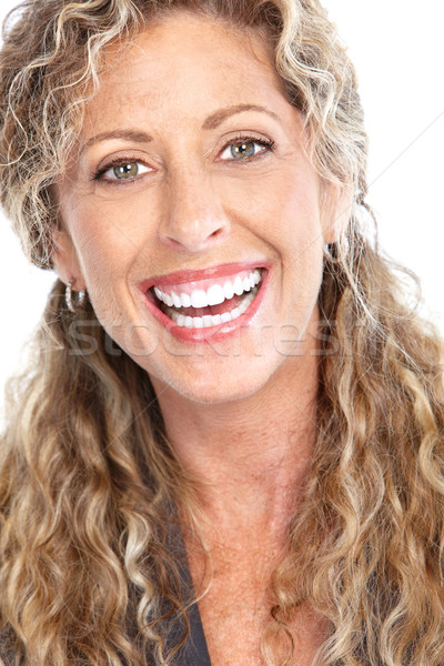 Foto stock: Mulher · sorrindo · feliz · isolado · branco · mulher