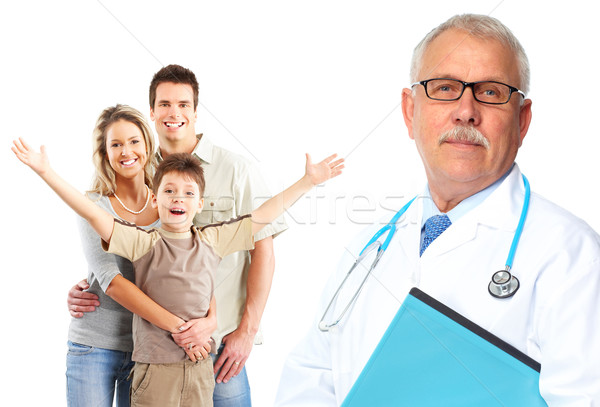 Foto stock: Médicos · familia · médico · aislado · blanco · mujer