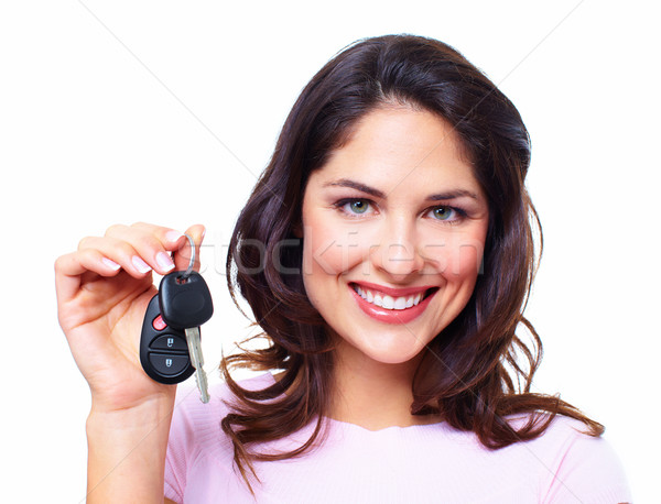 Stock foto: Frau · Autoschlüssel · isoliert · weiß · Business · Mädchen