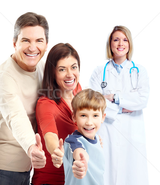 Foto stock: Médicos · médico · familia · feliz · paciente · aislado · blanco