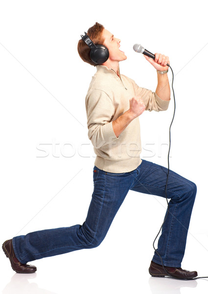 [[stock_photo]]: Heureux · karaoke · isolé · blanche · fête · homme