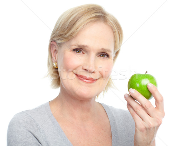 Foto stock: Mulher · maduro · sorrindo · verde · maçã · comida