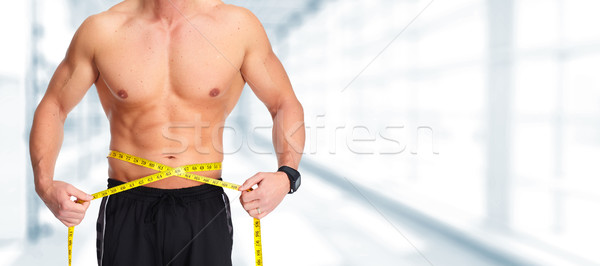 Mann Abdomen Maßband blau starken Gewichtsverlust Stock foto © Kurhan