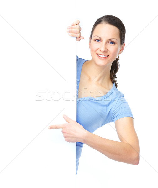 Frau jungen glücklich halten weiß Plakat Stock foto © Kurhan