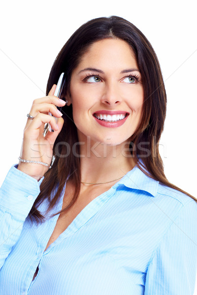 Fericit femeie de afaceri telefon mobil izolat alb afaceri Imagine de stoc © Kurhan