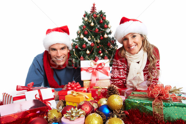 Stock fotó: Boldog · pár · karácsony · ajándék · izolált · fehér