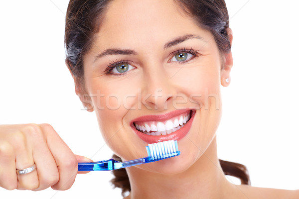 Stockfoto: Mooie · vrouw · glimlach · tandenborstel · geïsoleerd · witte · vrouw