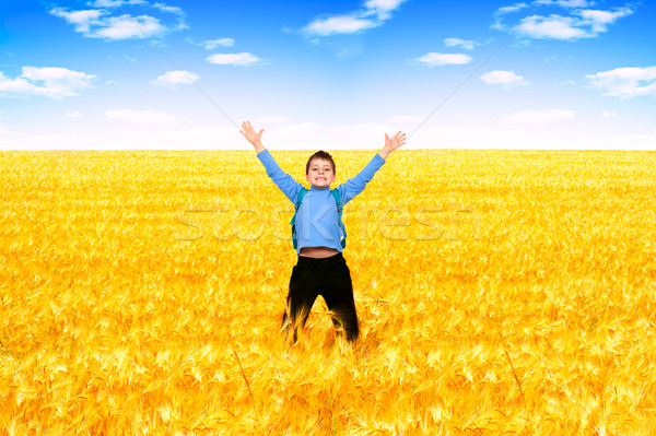 Menino engraçado saltando blue sky sorrir escolas Foto stock © Kurhan