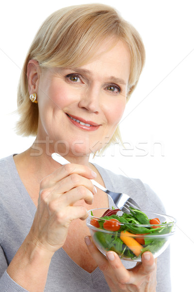 Stock foto: Frau · Essen · Salat · reifen · lächelnde · Frau · Früchte