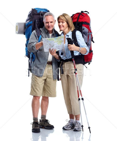 [[stock_photo]]: Touristiques · couple · de · personnes · âgées · randonnée · isolé · blanche · homme