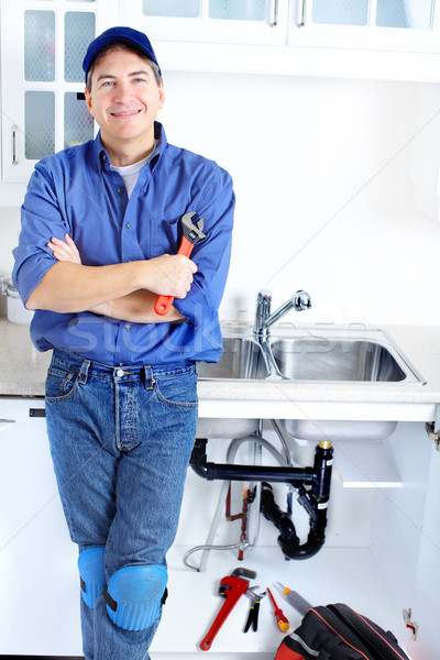 Stock fotó: Vízvezetékszerelő · érett · megjavít · mosdókagyló · konyha · férfi