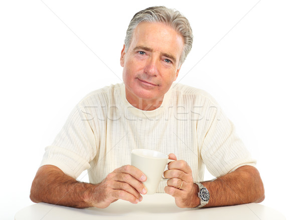 Foto stock: Ancianos · hombre · sonriendo · taza · aislado · blanco