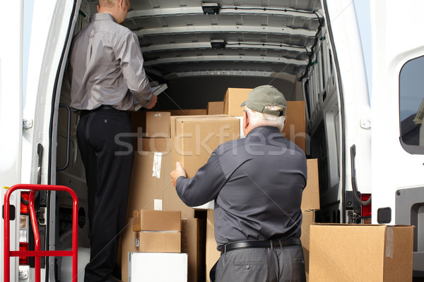 Foto d'archivio: Gruppo · consegna · uomini · spedizione · camion · pacchetto