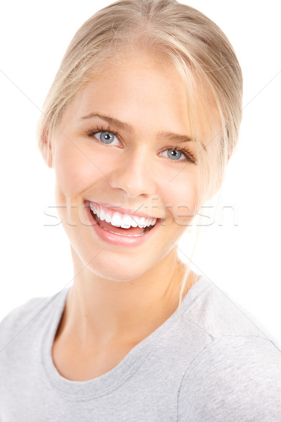Fericit femeie frumos tineri femeie zambitoare izolat Imagine de stoc © Kurhan