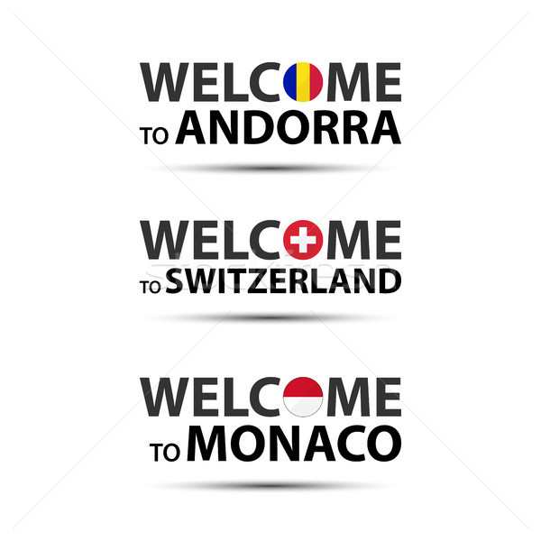Welkom Andorra Zwitserland Monaco symbolen vlaggen Stockfoto © kurkalukas