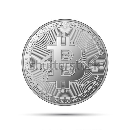 Stock photo: Silver bitcoin coin, crypto currency silver symbol isolated on grey background, realistic vector ill