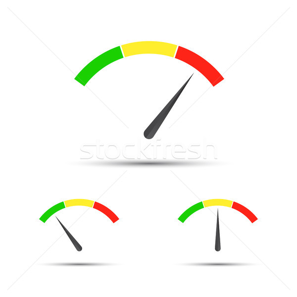 Set of color vector tachometers, flowmeter with indicator in green, orange and red part, speedometer Stock photo © kurkalukas