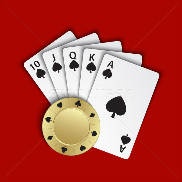 A royal flush of spades with gold poker chip on red background, winning hands of poker cards, casino Stock photo © kurkalukas