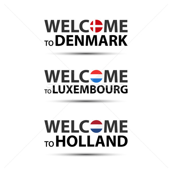 Foto stock: Bienvenida · Dinamarca · Luxemburgo · Holanda · símbolos · banderas