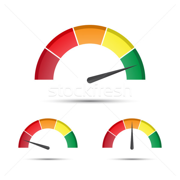 Set of color vector tachometers, flowmeter with indicator in green, orange and red part, speedometer Stock photo © kurkalukas