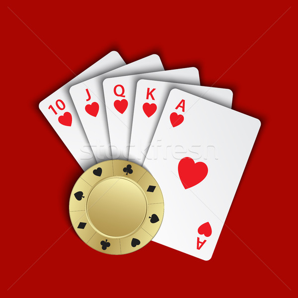 A royal flush of hearts with gold poker chip on red background, winning hands of poker cards, casino Stock photo © kurkalukas