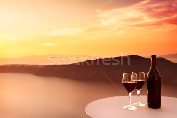 紅葡萄酒 日落 眼鏡 美麗 海灘 天空 商業照片 © kwest