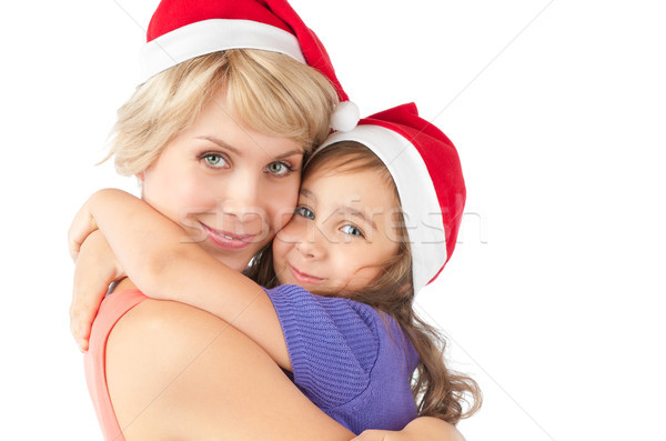 Stock foto: Mutter · Tochter · zusammen · Weihnachten · Hüte · schönen