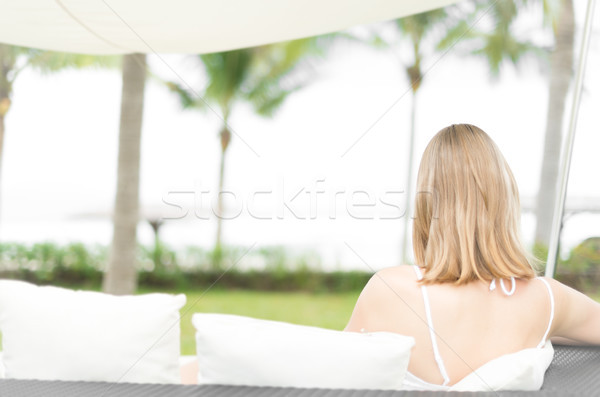 Foto stock: Mulher · relaxante · praia · tropical · recorrer · sessão