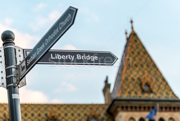 Budapest liberty bridge signpost, Hungary, Europe. Stock photo © kyolshin