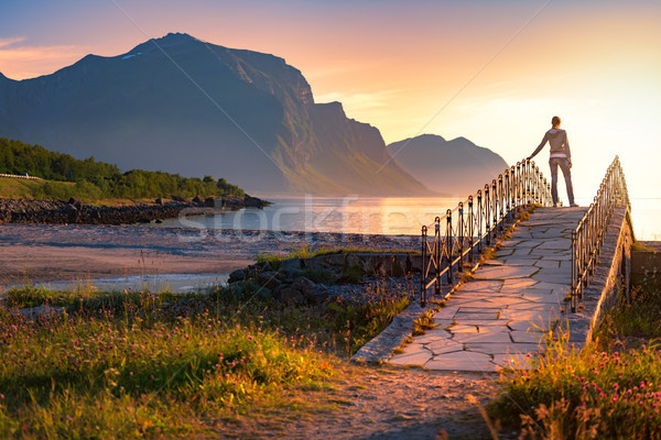Landschaft Sonnenuntergang Norwegen Europa Strand Berge Stock foto © kyolshin