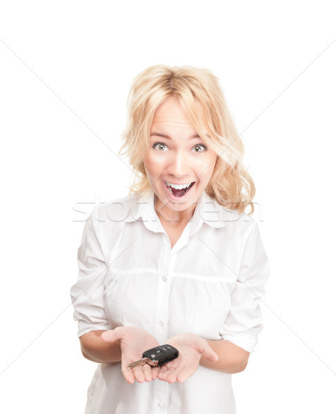 Happy young woman with car key on white. Stock photo © kyolshin
