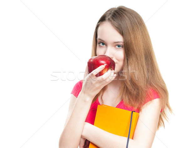 Stockfoto: Student · meisje · eten · appel · mooie · gelukkig