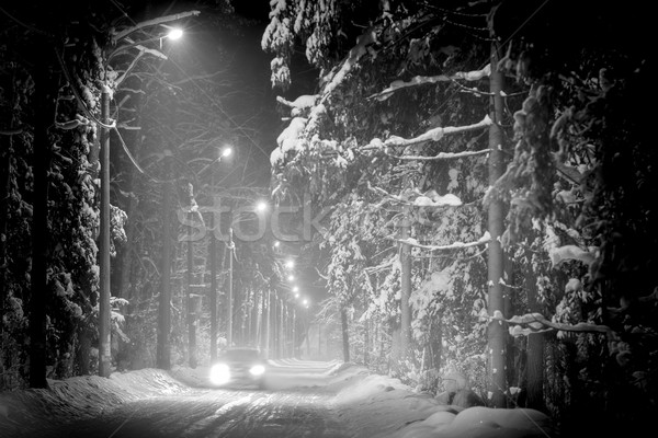 Foto stock: Coche · conducción · invierno · forestales · cubierto · nieve