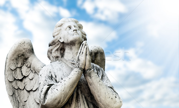 Foto d'archivio: Bella · statua · angelo · nuvoloso · cielo · pregando